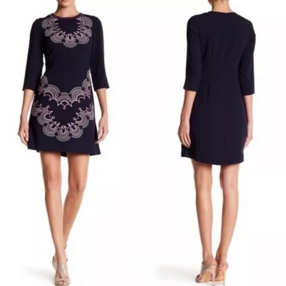 NWT Eliza J Navy and Purple Embroidered Shift Dress sz 10 - Picture 2 of 15